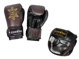 「Kanong」ボクシンググローブ  + ヘッドガード 本革  : 黒/茶色